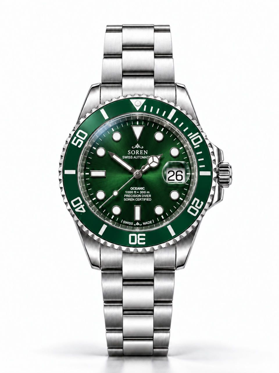 Soren Oceanic All Green Swiss Made automatic watch — 3-link bracelet, ceramic bezel, 40mm
