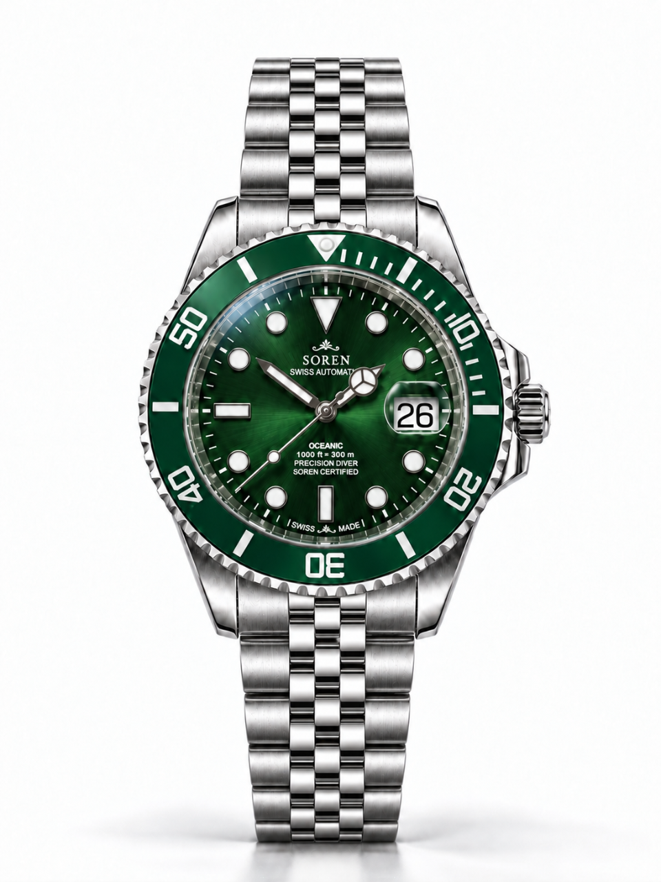 Soren Oceanic All Green Swiss Made automatic watch — 5-link bracelet, ceramic bezel, 40mm
