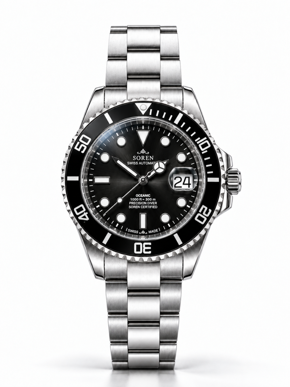 Soren Oceanic Black Swiss Made automatic watch — 3-link bracelet, ceramic bezel, 40mm

