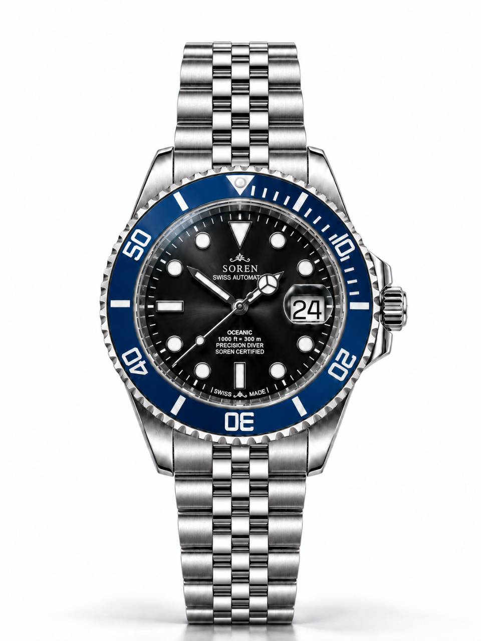 Soren Oceanic Blue Swiss Made automatic watch — 5-link bracelet, ceramic bezel, 40mm
