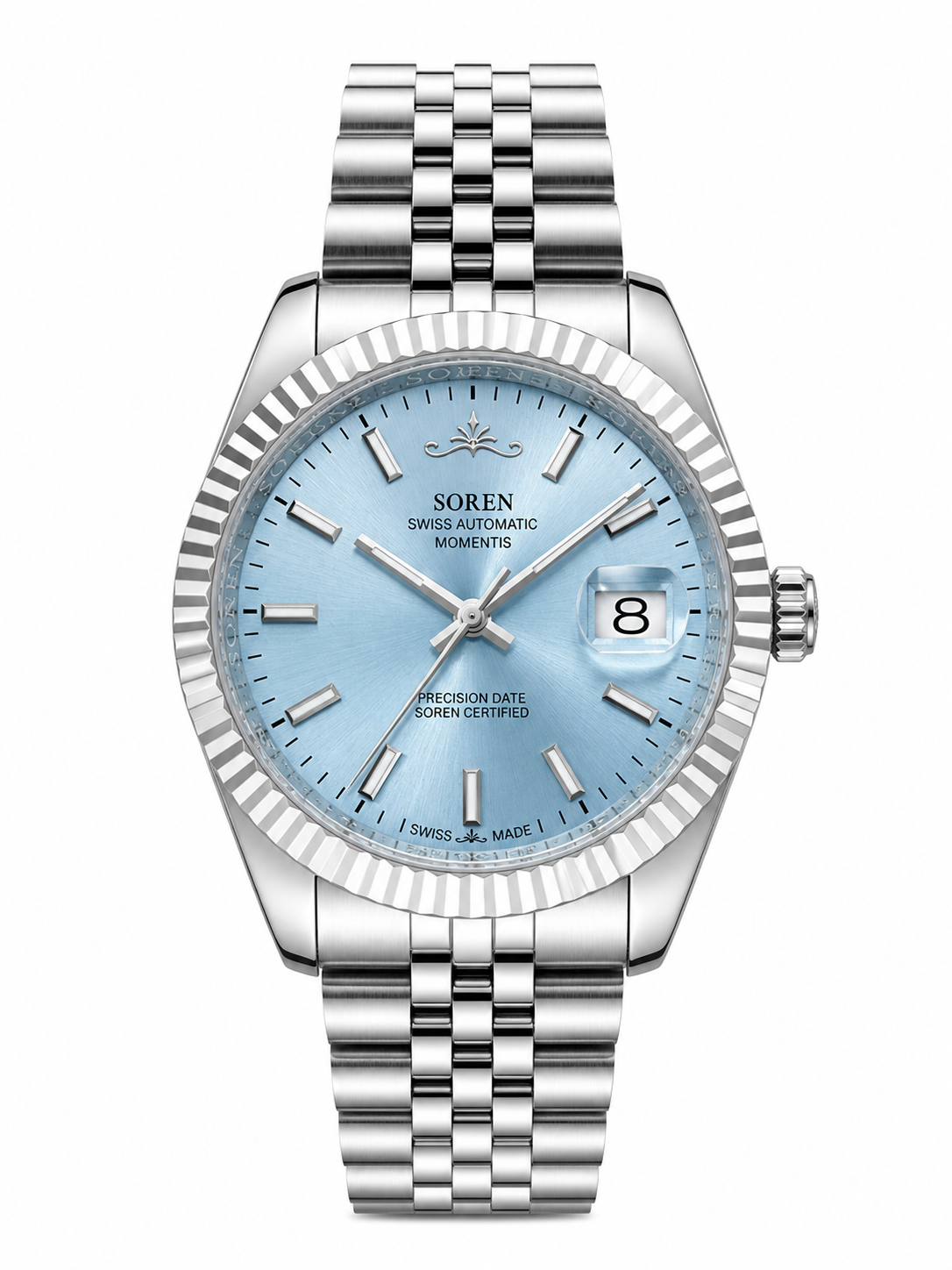 Soren Momentis Ice Blue Swiss Made automatic watch — jubilee bracelet, fluted bezel, 40mm