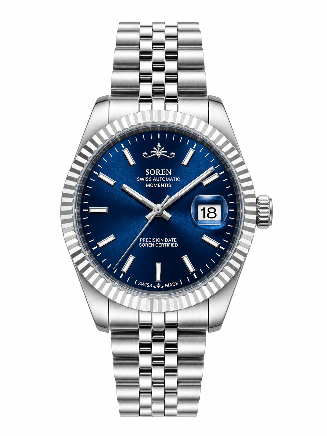 Soren Momentis Blue Swiss Made automatic watch — jubilee bracelet, fluted bezel, 40mm
