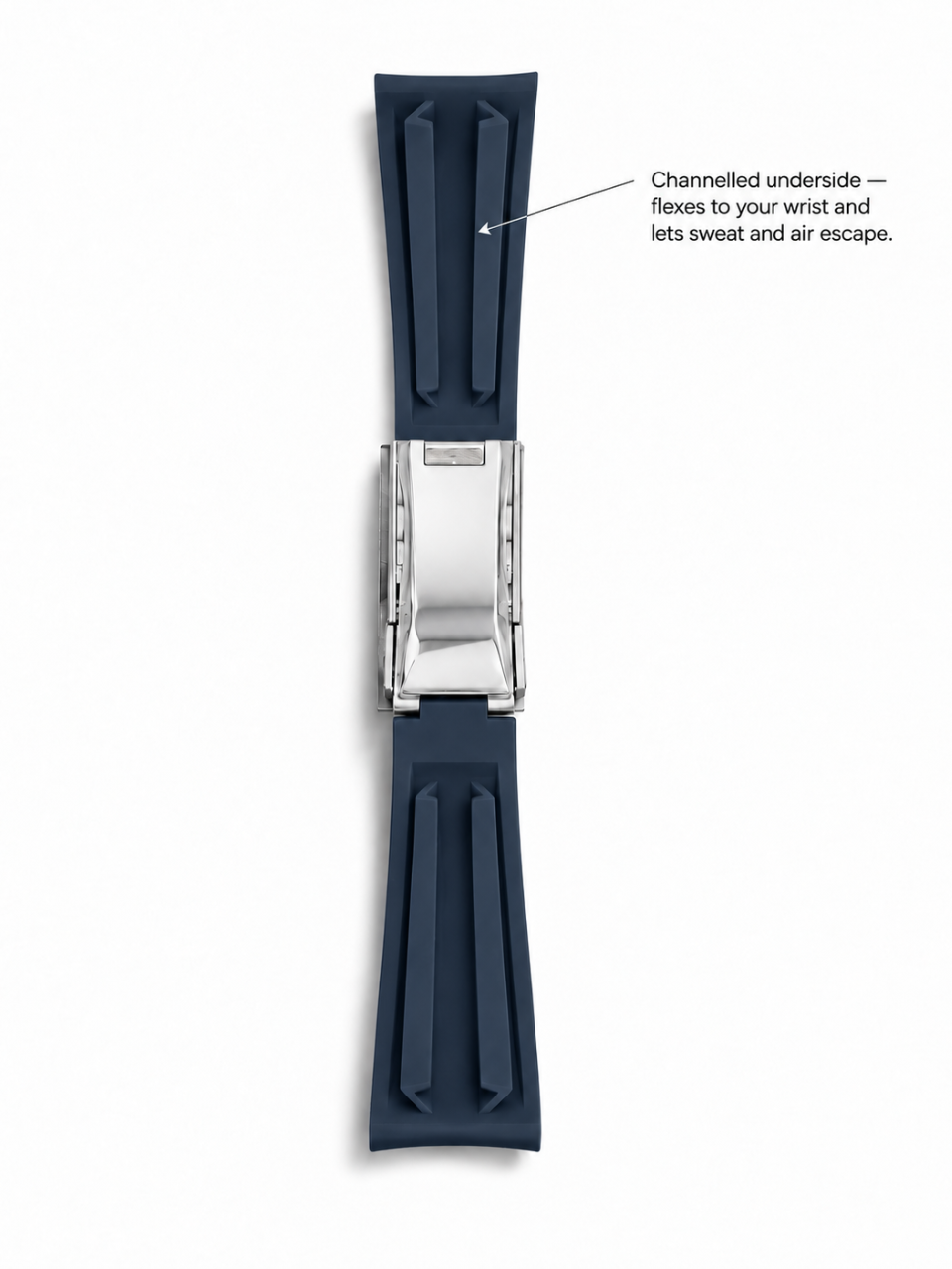 Back of the Soren FKM rubber strap showing the channelled underside that flexes and lets air escape