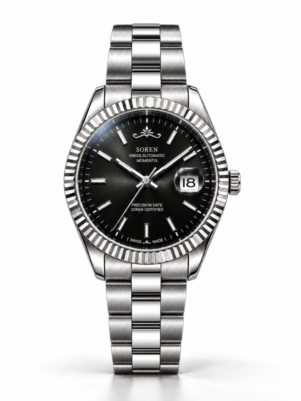 Soren Momentis Black Swiss Made automatic watch — 3-link bracelet, fluted bezel, 40mm