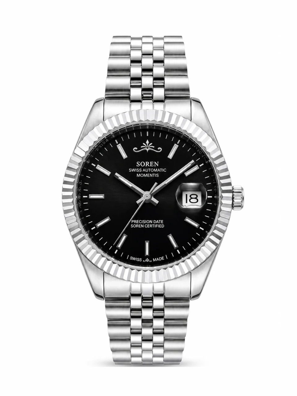 Soren Momentis Black Swiss Made automatic watch — jubilee bracelet, fluted bezel, 40mm