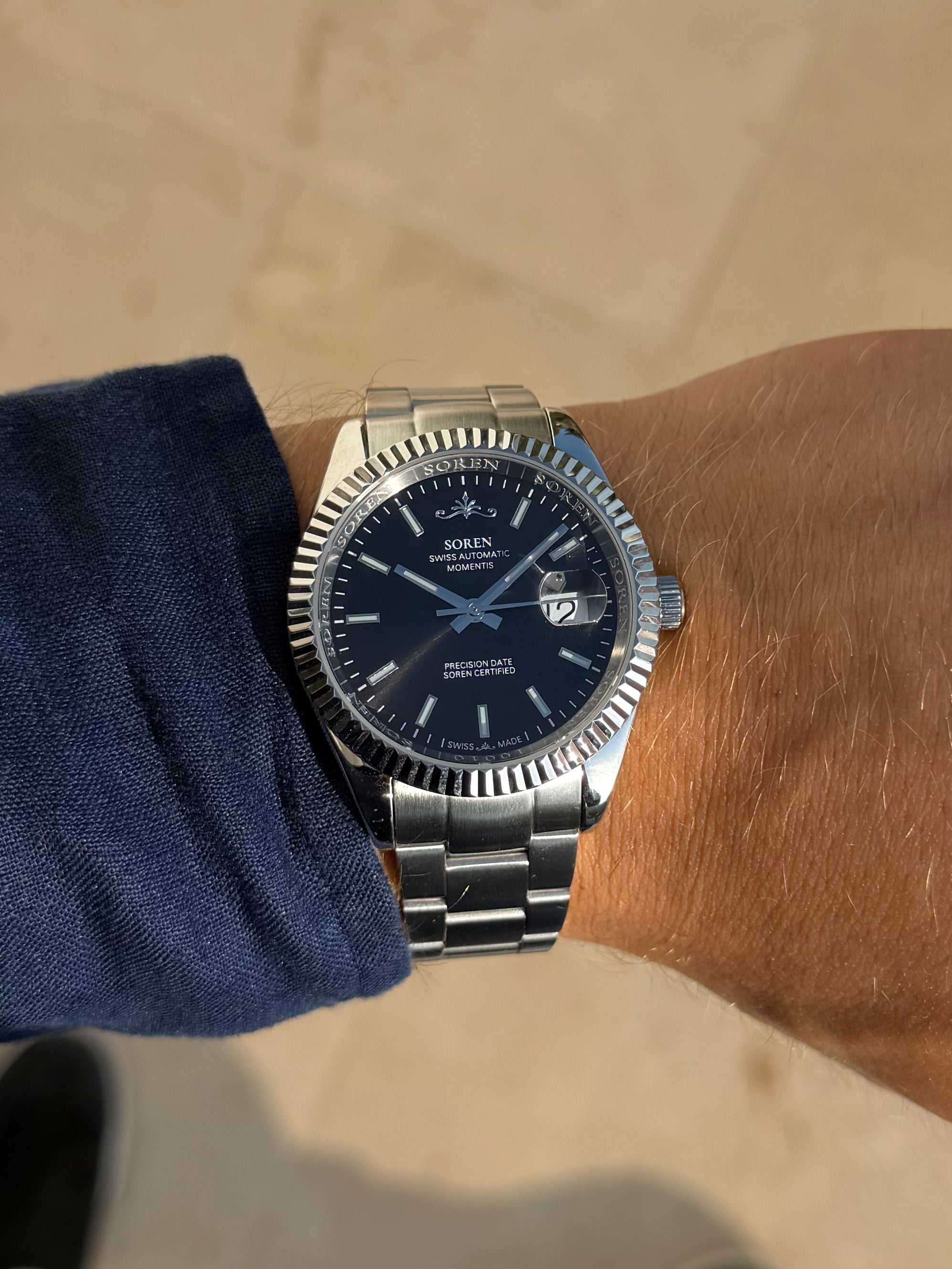 SOREN Momentis black dial Swiss Made automatic watch on Oyster bracelet
