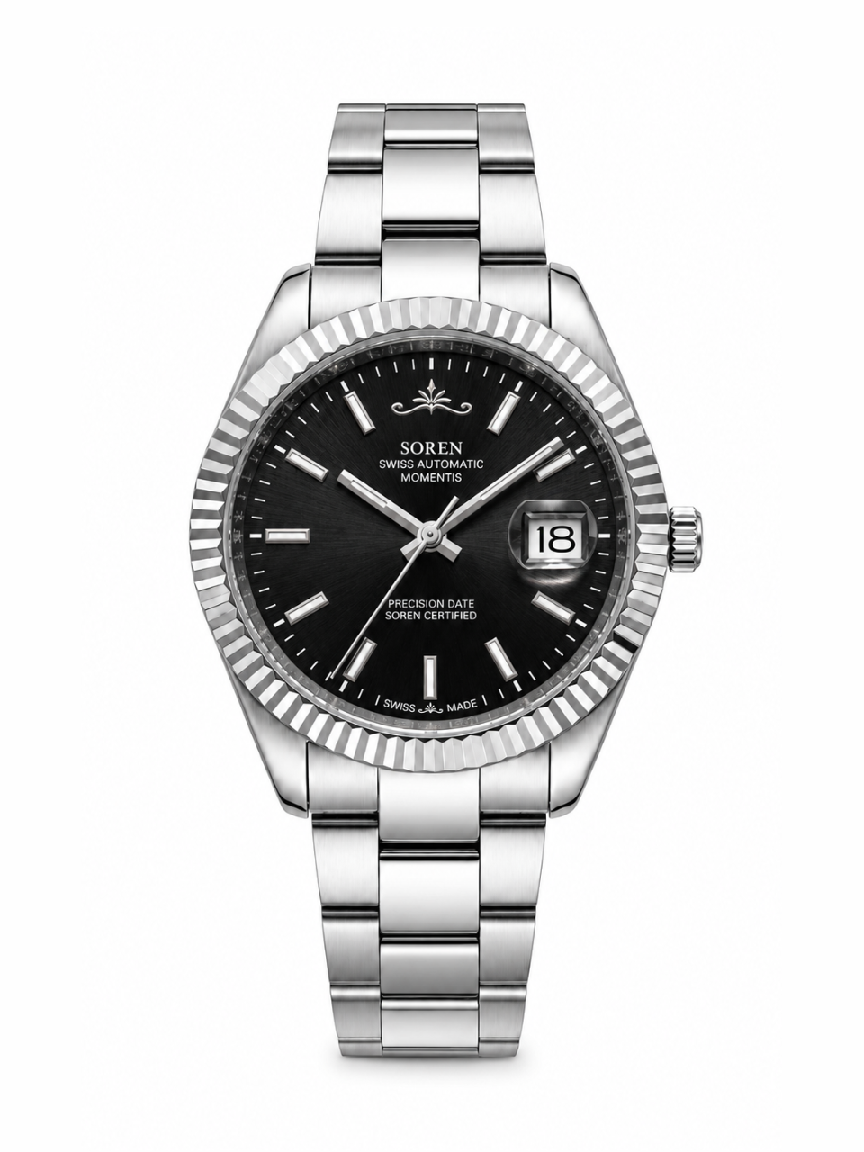 Soren Momentis Black Swiss Made automatic watch — oyster bracelet, fluted bezel, 40mm
