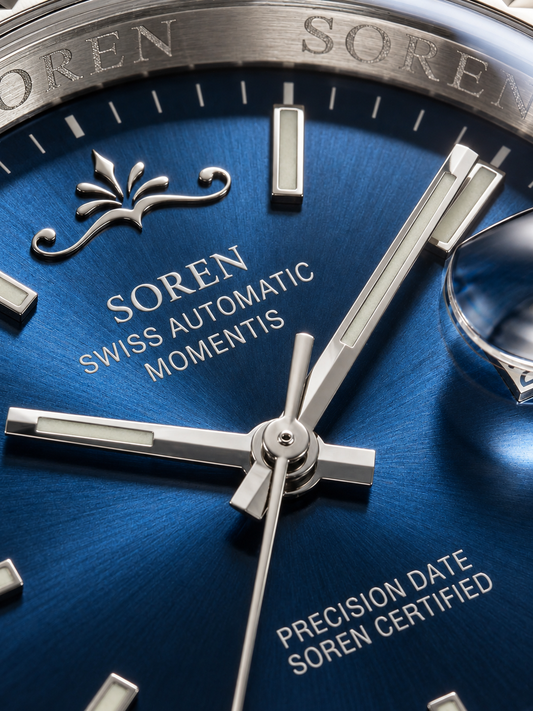 Soren Momentis Blue dial close-up — sapphire crystal, date at 3 o'clock
