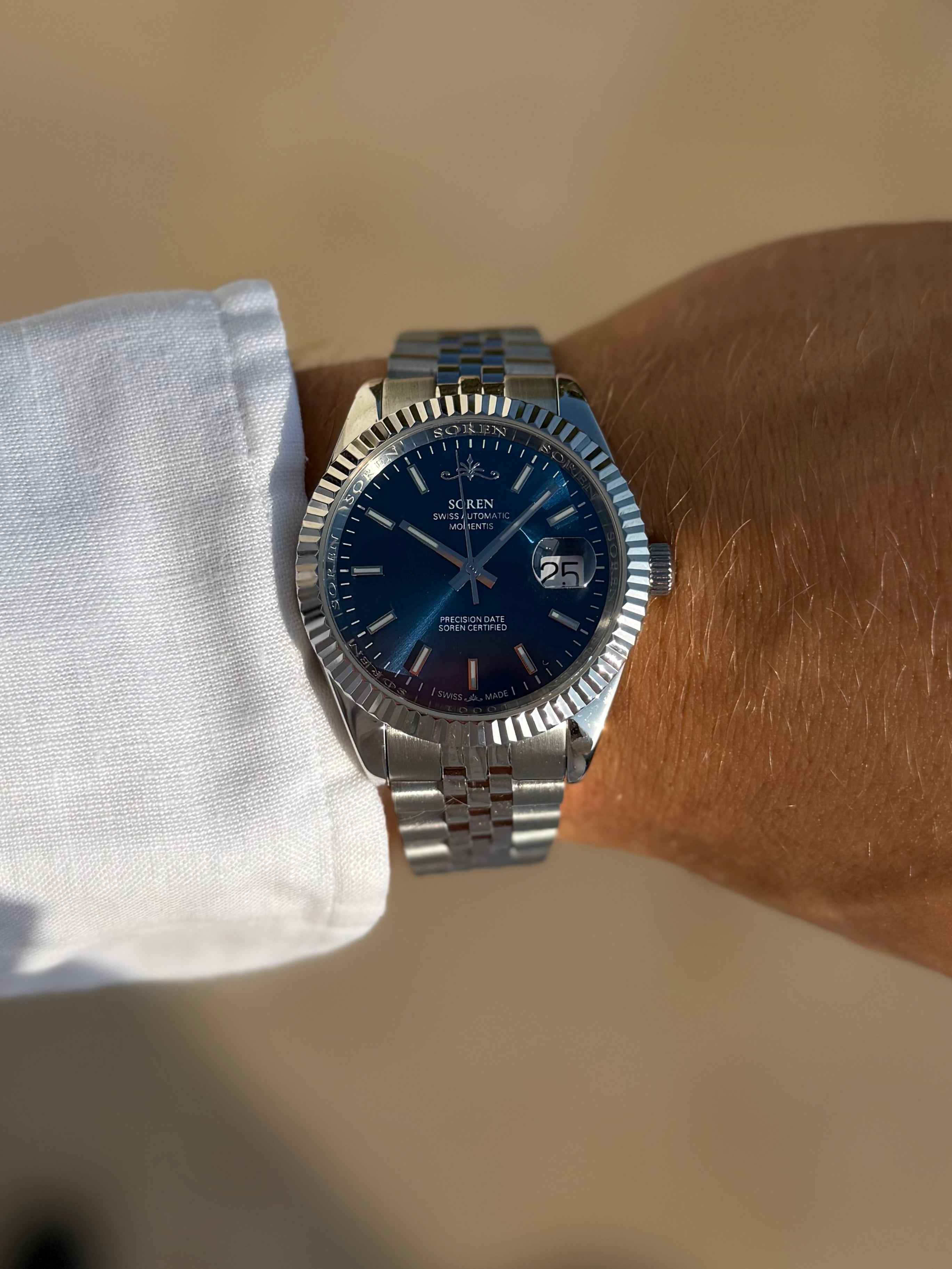 SOREN Momentis blue dial Swiss Made automatic watch on Jubilee bracelet