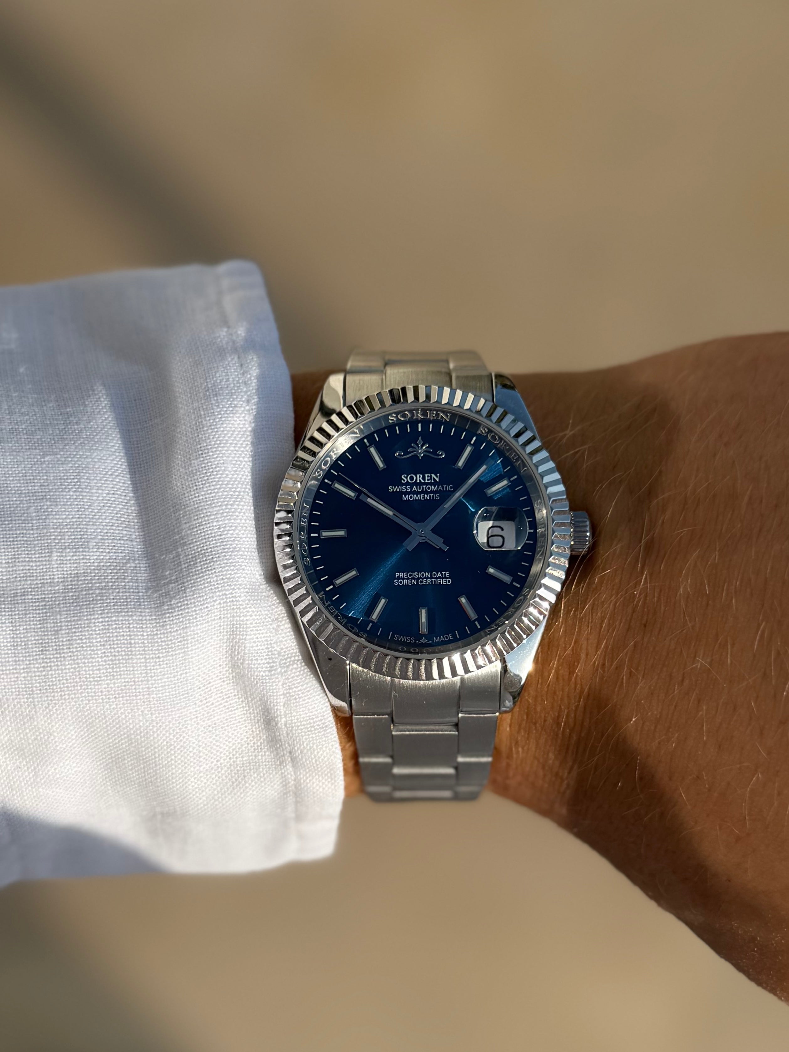 SOREN Momentis blue dial Swiss Made automatic watch on Oyster bracelet