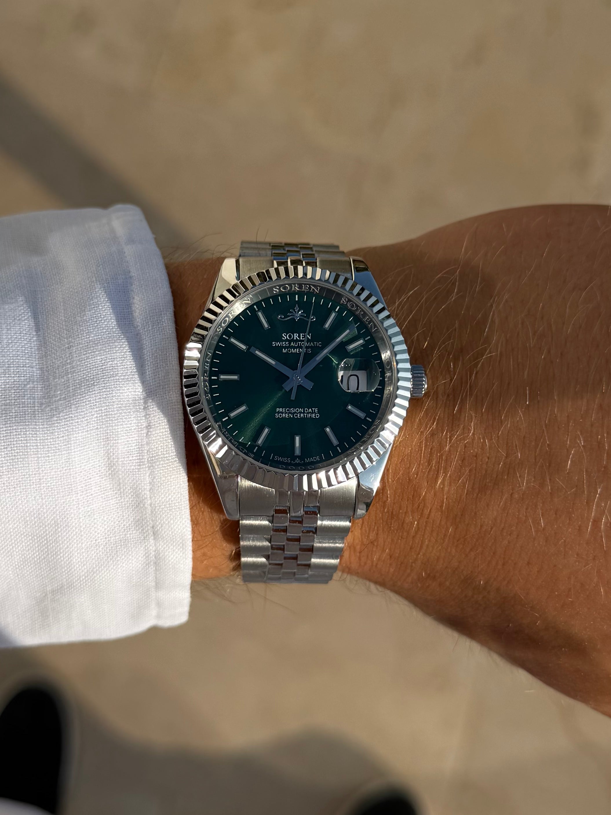 SOREN Momentis green dial Swiss Made automatic watch on Jubilee bracelet