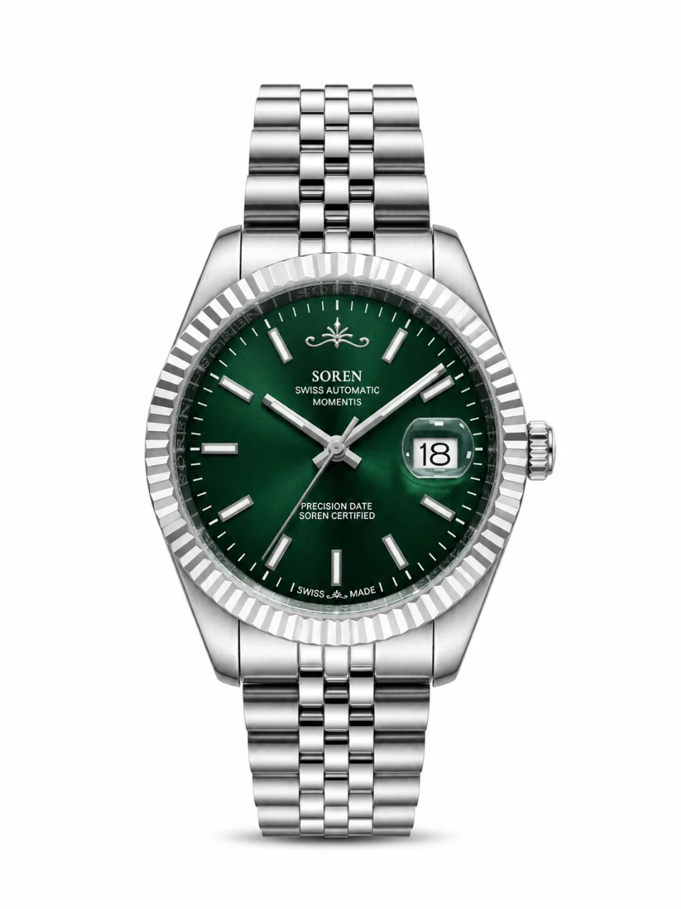Soren Momentis Green Swiss Made automatic watch — jubilee bracelet, fluted bezel, 40mm
