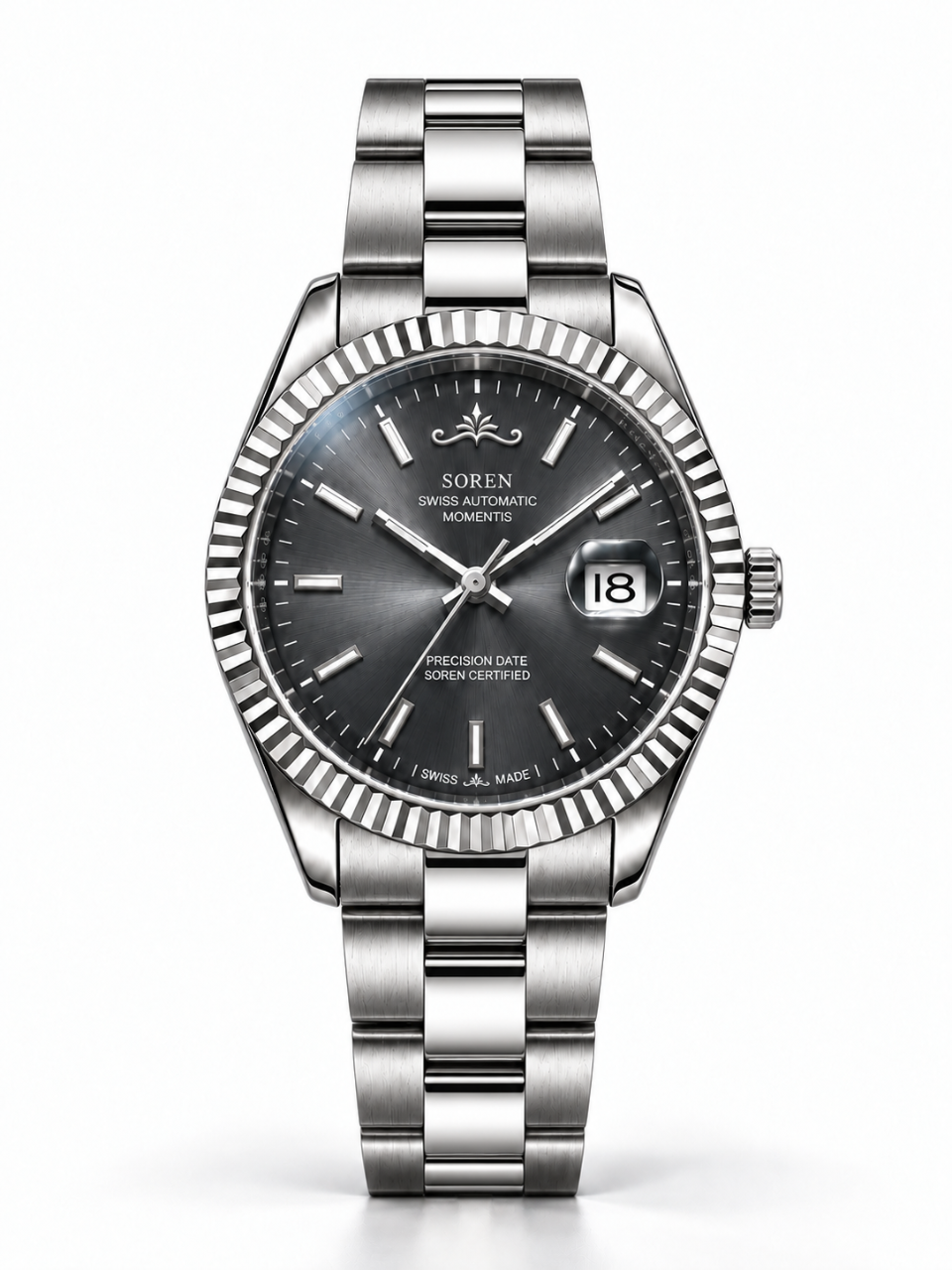 Soren Momentis Grey Swiss Made automatic watch — 3-link bracelet, fluted bezel, 40mm