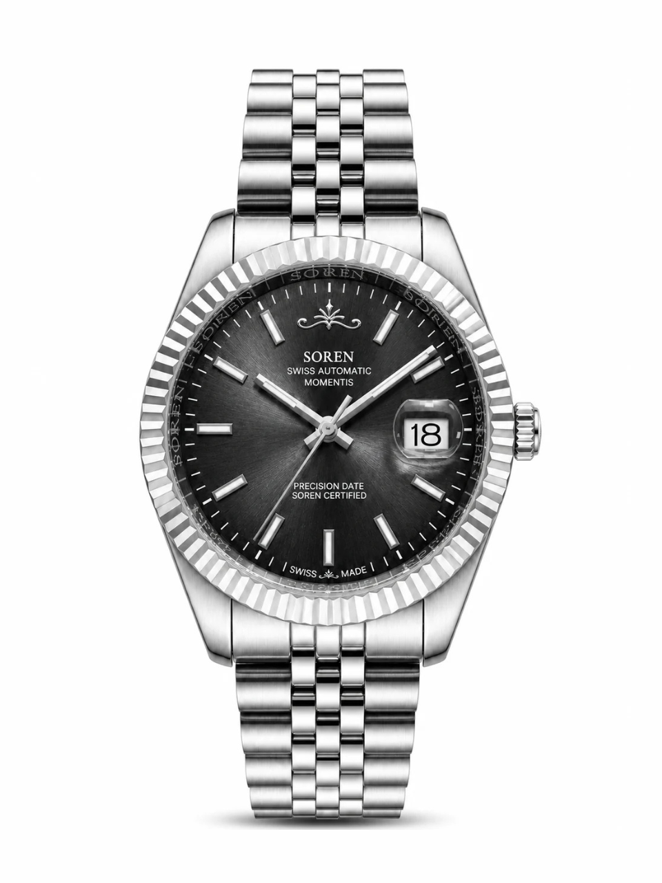 Soren Momentis Grey Swiss Made automatic watch — jubilee bracelet, fluted bezel, 40mm
