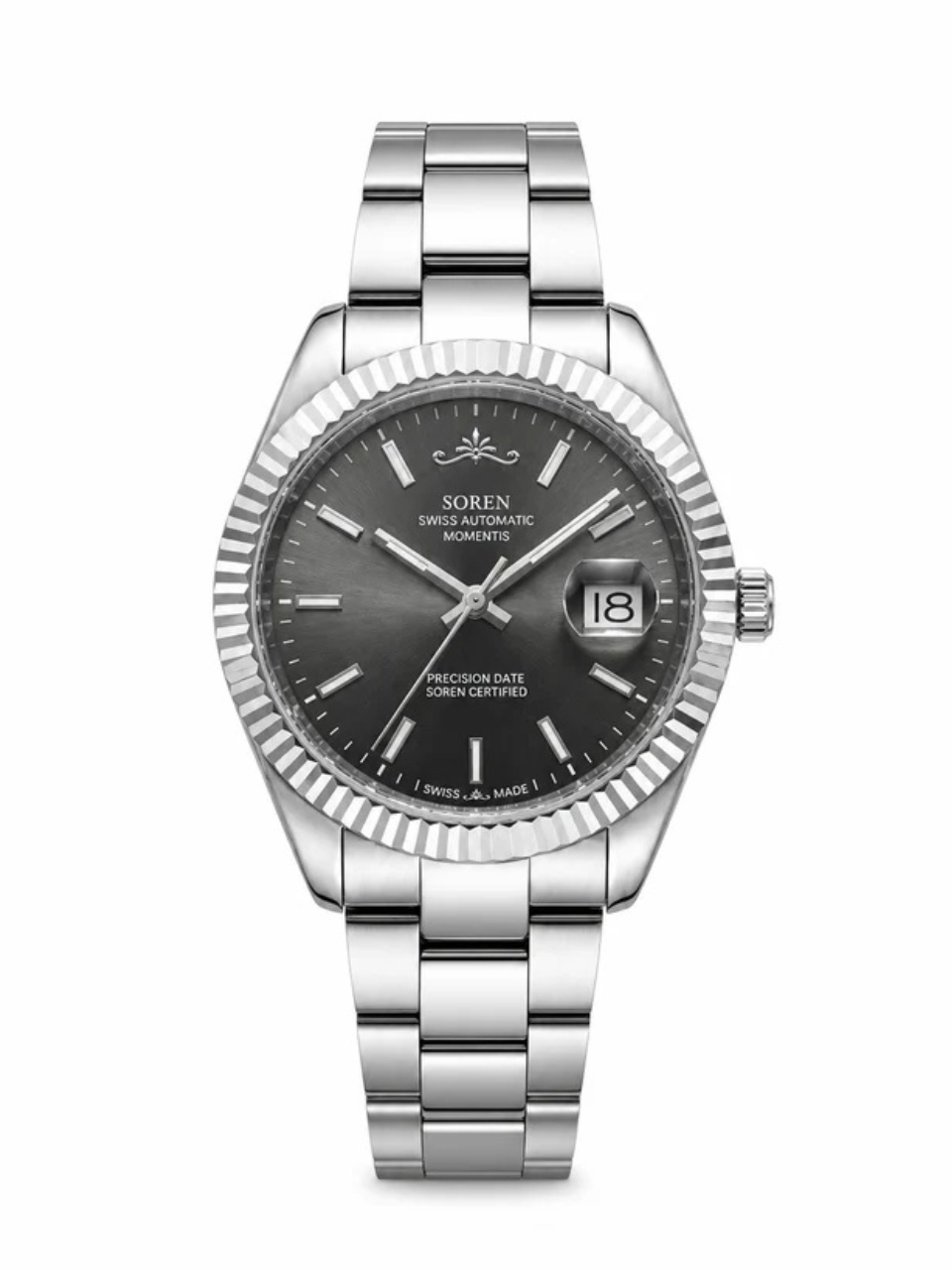 Soren Momentis Grey Swiss Made automatic watch — oyster bracelet, fluted bezel, 40mm
