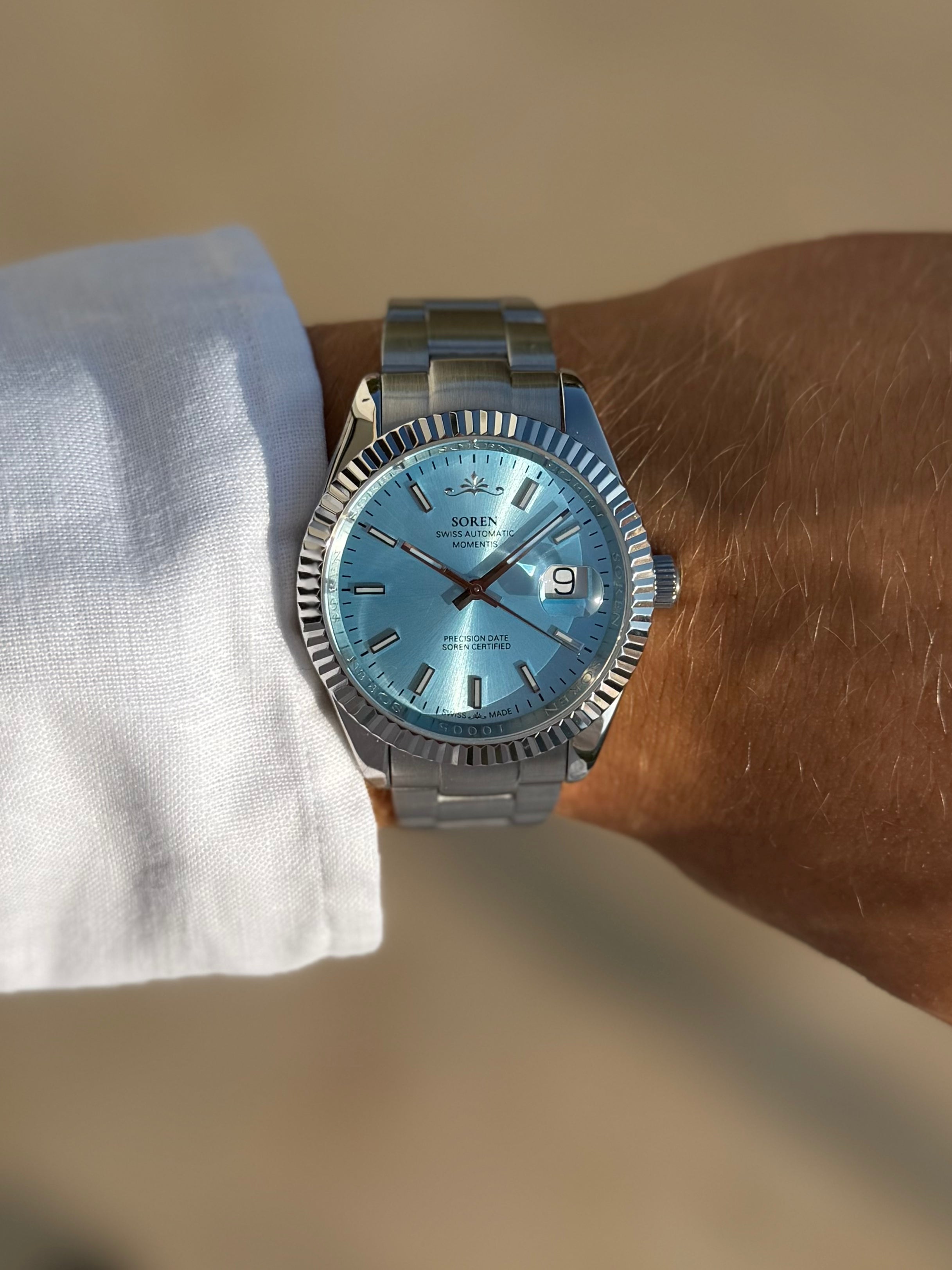 SOREN Momentis ice blue dial Swiss Made automatic watch on Oyster bracelet