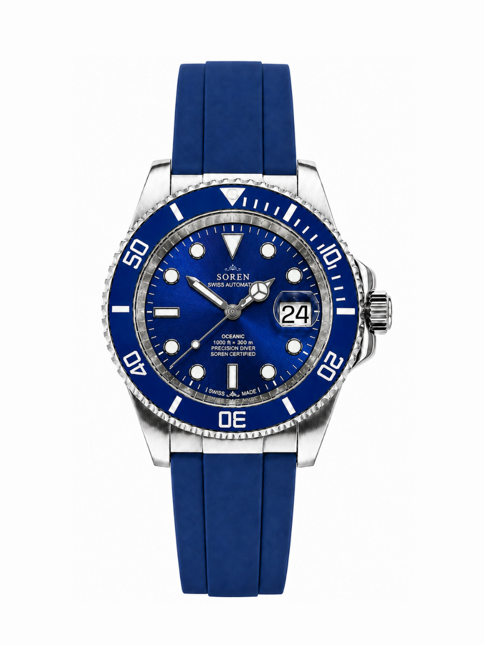 Soren Oceanic All Blue Swiss Made automatic watch — FKM rubber bracelet, ceramic bezel, 40mm
