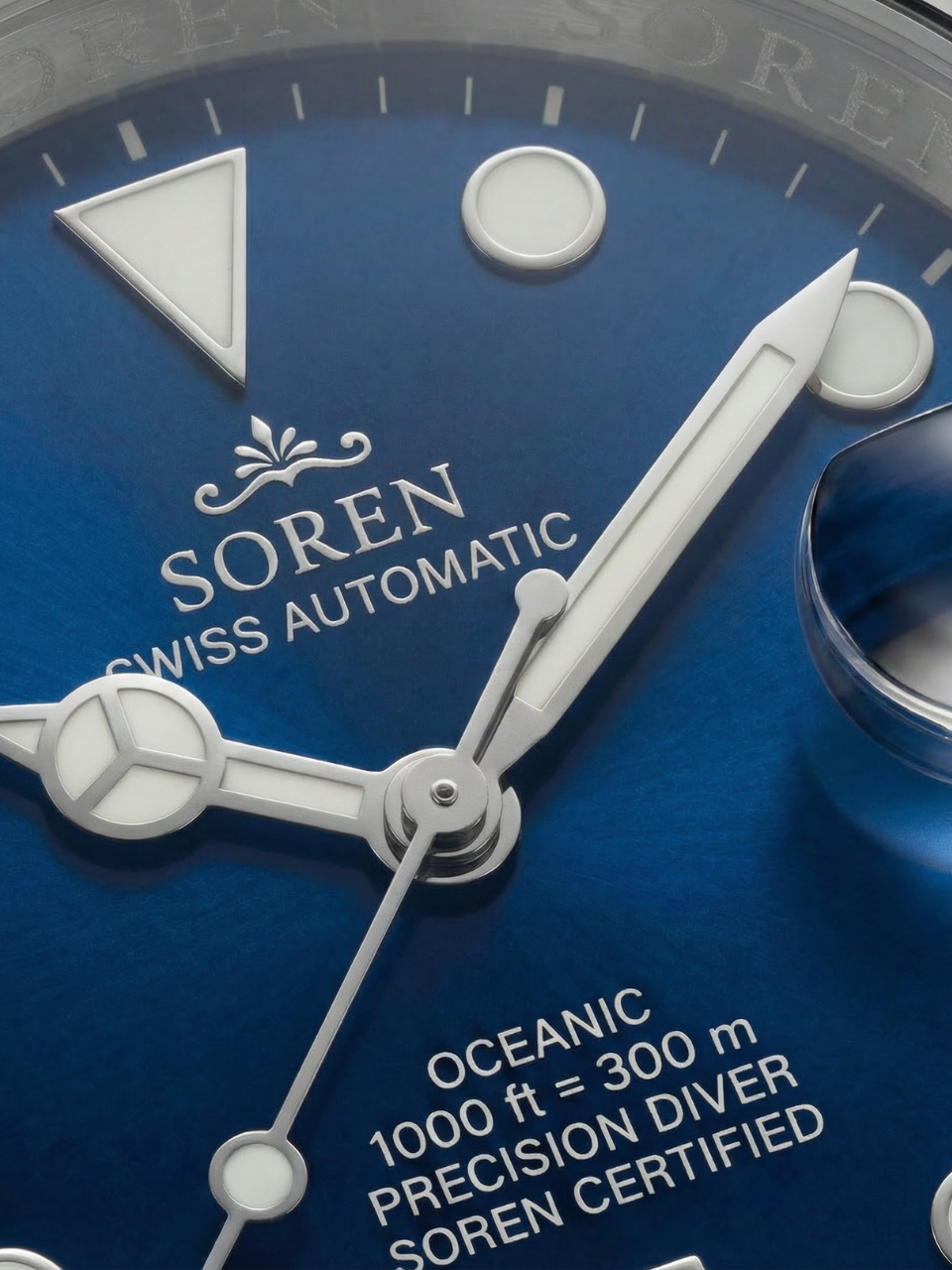 Soren Oceanic Blue dial close-up — sapphire crystal, date at 3 o'clock
