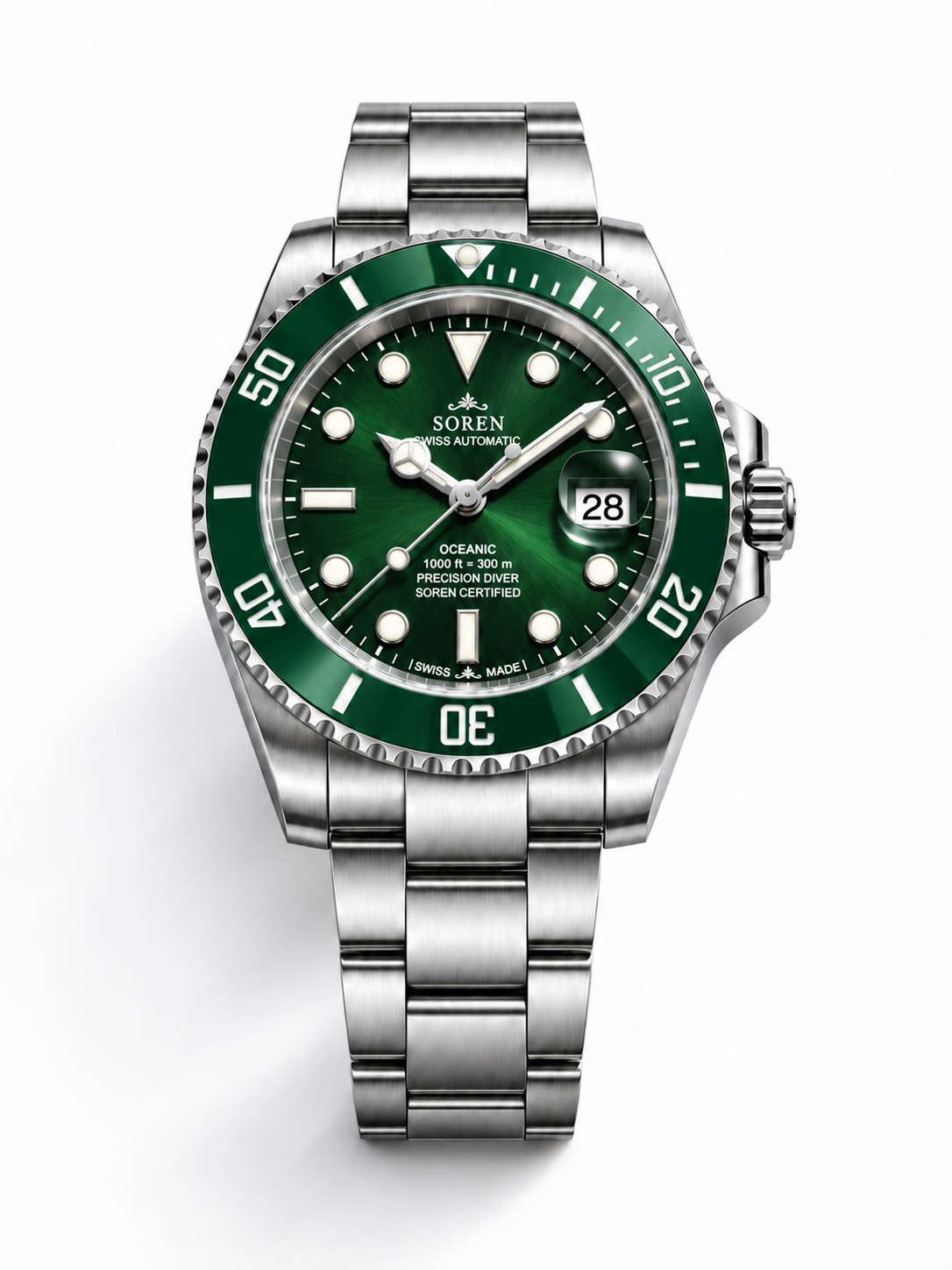 Soren Oceanic All Green 40mm case — 316L stainless steel, ceramic bezel
