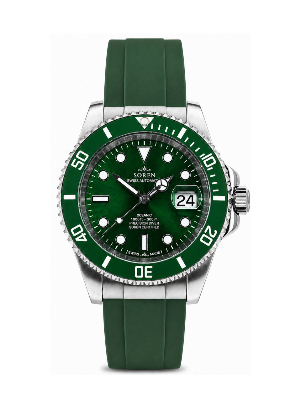 Soren Oceanic All Green Swiss Made automatic watch — FKM rubber bracelet, ceramic bezel, 40mm

