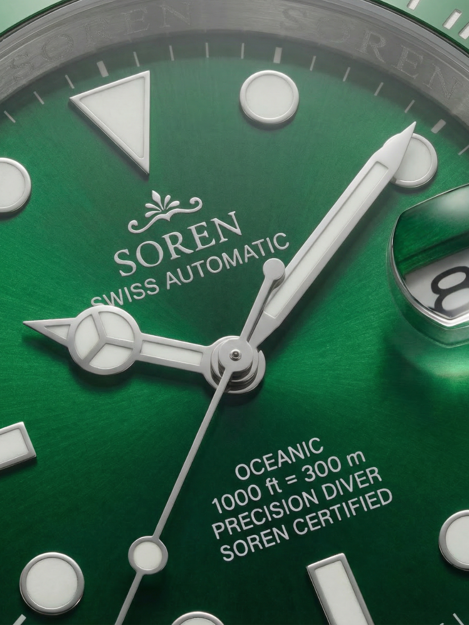 Soren Oceanic Green dial close-up — sapphire crystal, date at 3 o'clock

