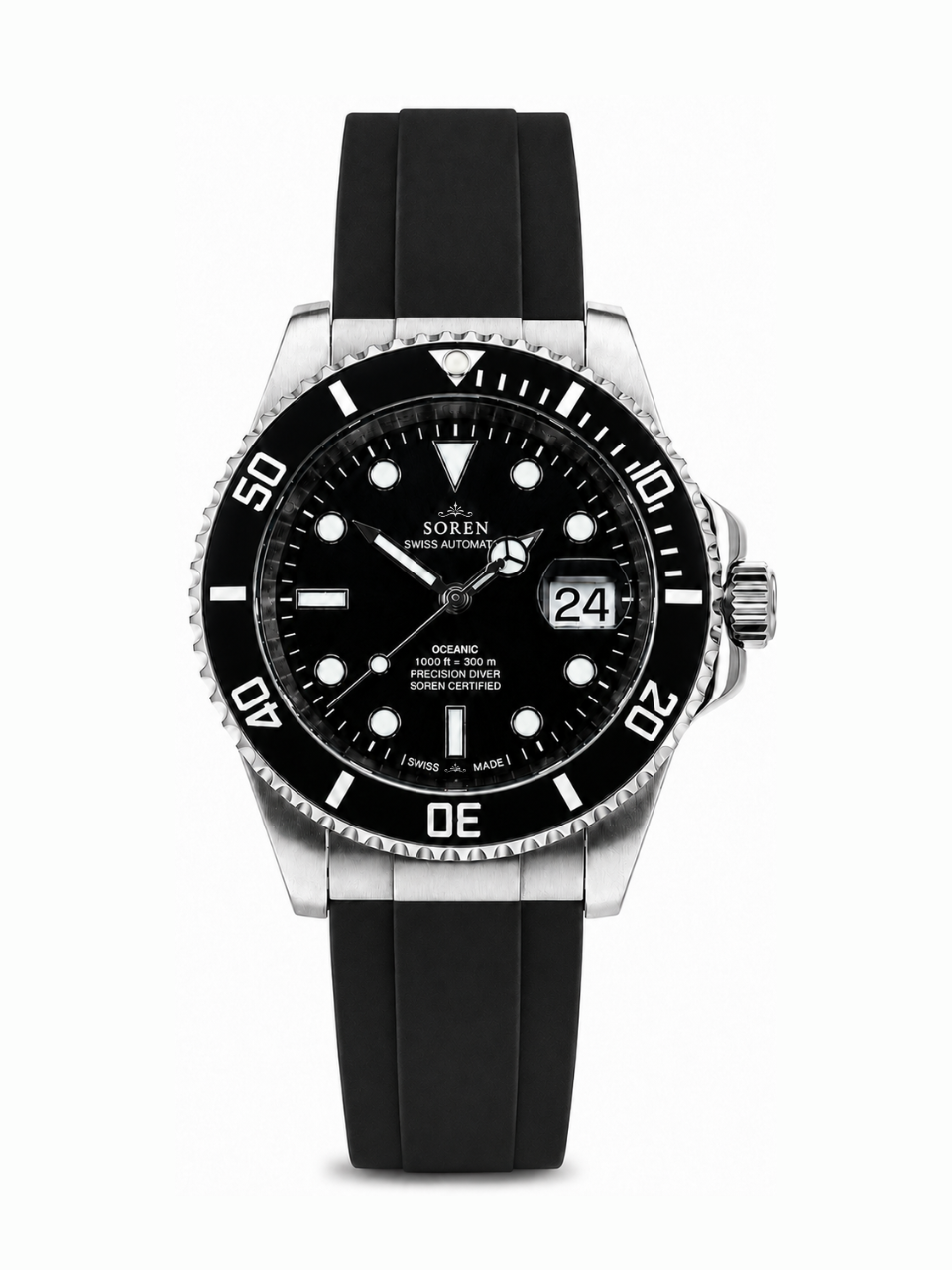 Soren Oceanic Black Swiss Made automatic watch — FKM rubber bracelet, ceramic bezel, 40mm