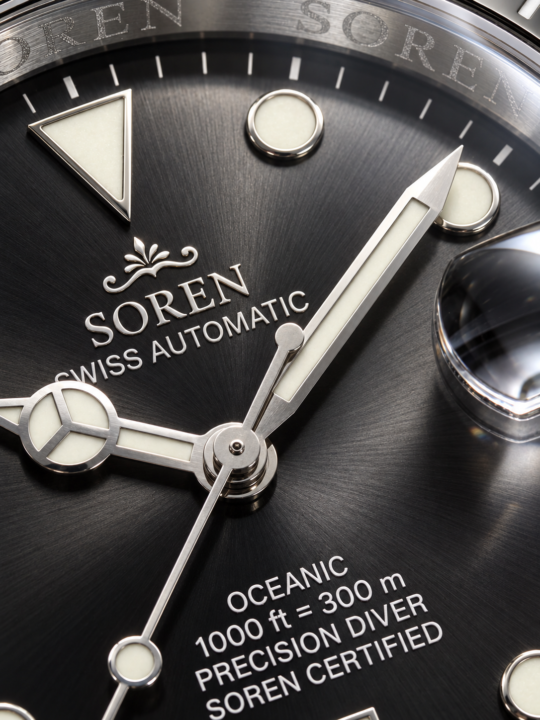 Soren Oceanic Black dial close-up — sapphire crystal, date at 3 o'clock
