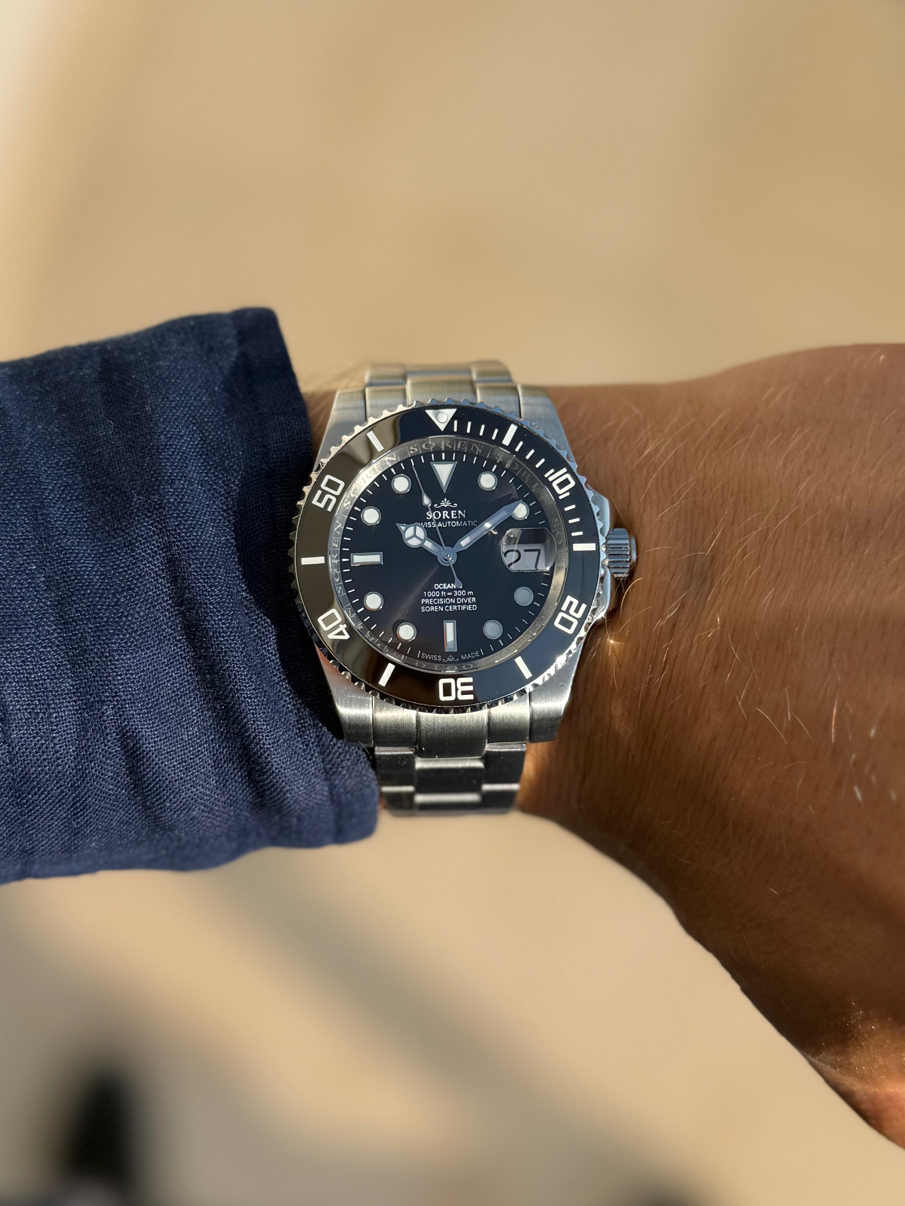 SOREN Oceanic black dial Swiss Made automatic dive watch on Oyster bracelet