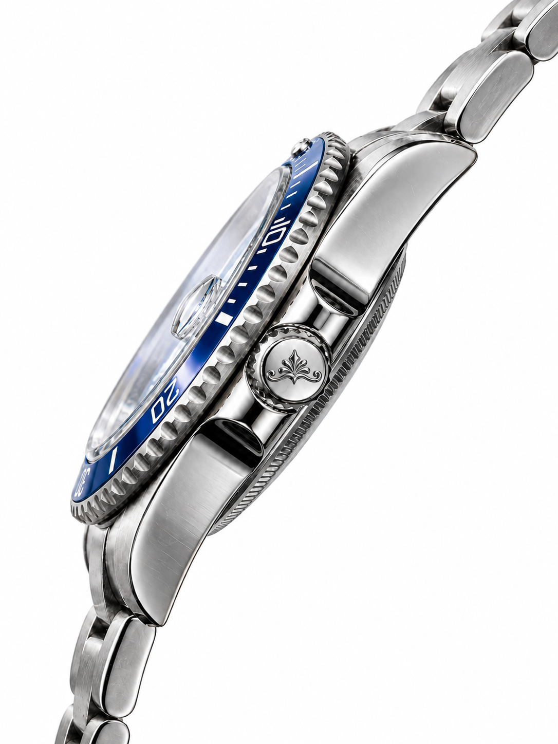 Soren Oceanic Blue side view — 40mm case profile, 316L stainless steel
