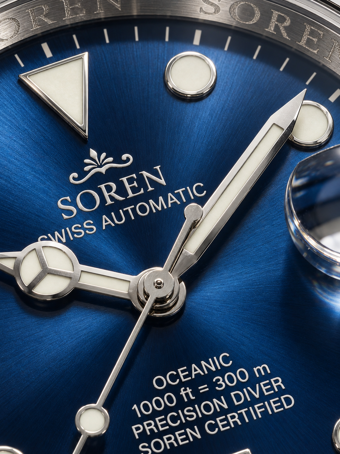 Soren Oceanic Blue dial close-up — sapphire crystal, date at 3 o'clock
