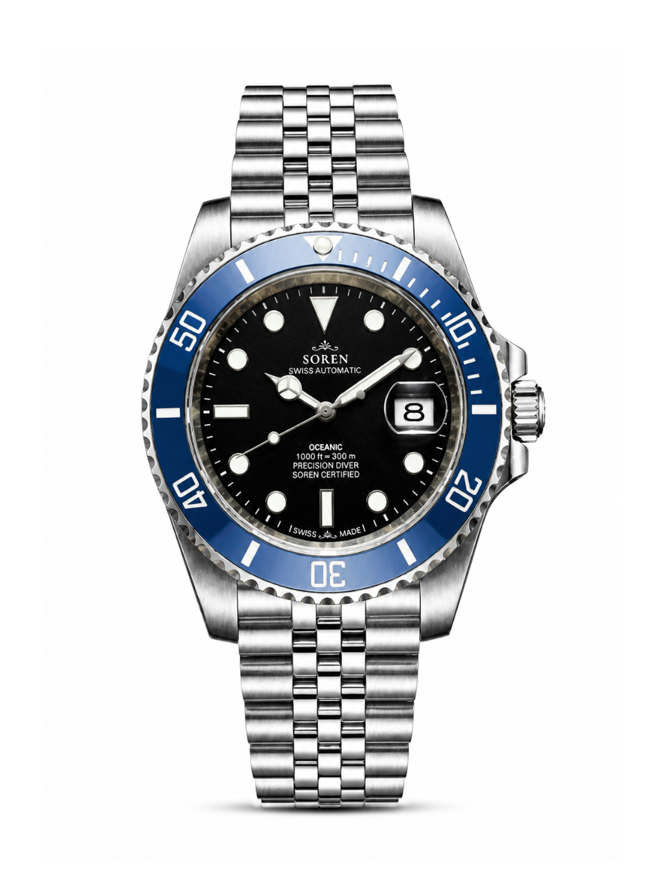 Soren Oceanic Blue Swiss Made automatic watch — jubilee bracelet, ceramic bezel, 40mm
