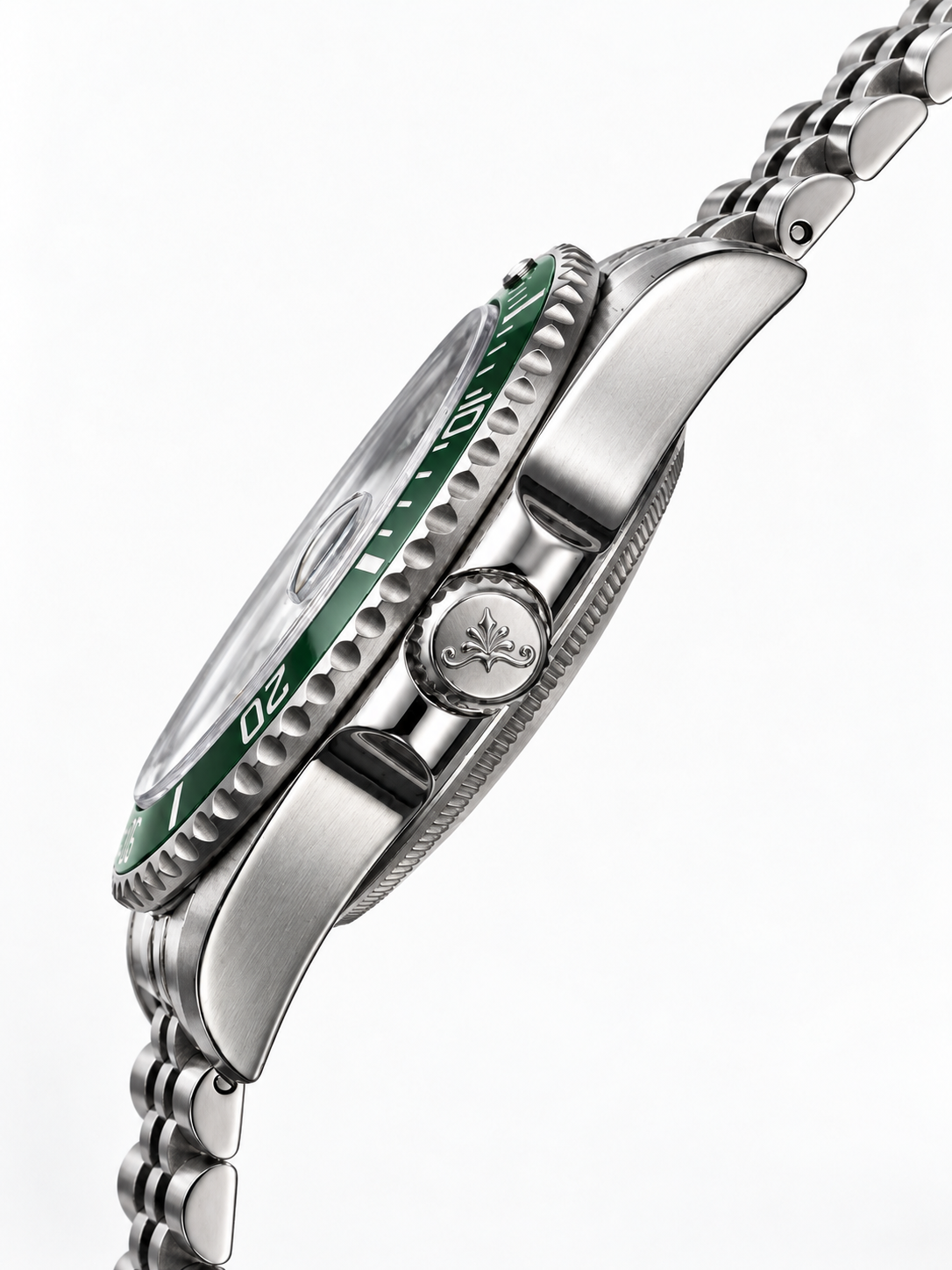 Soren Oceanic Green side view — 40mm case profile, 316L stainless steel
