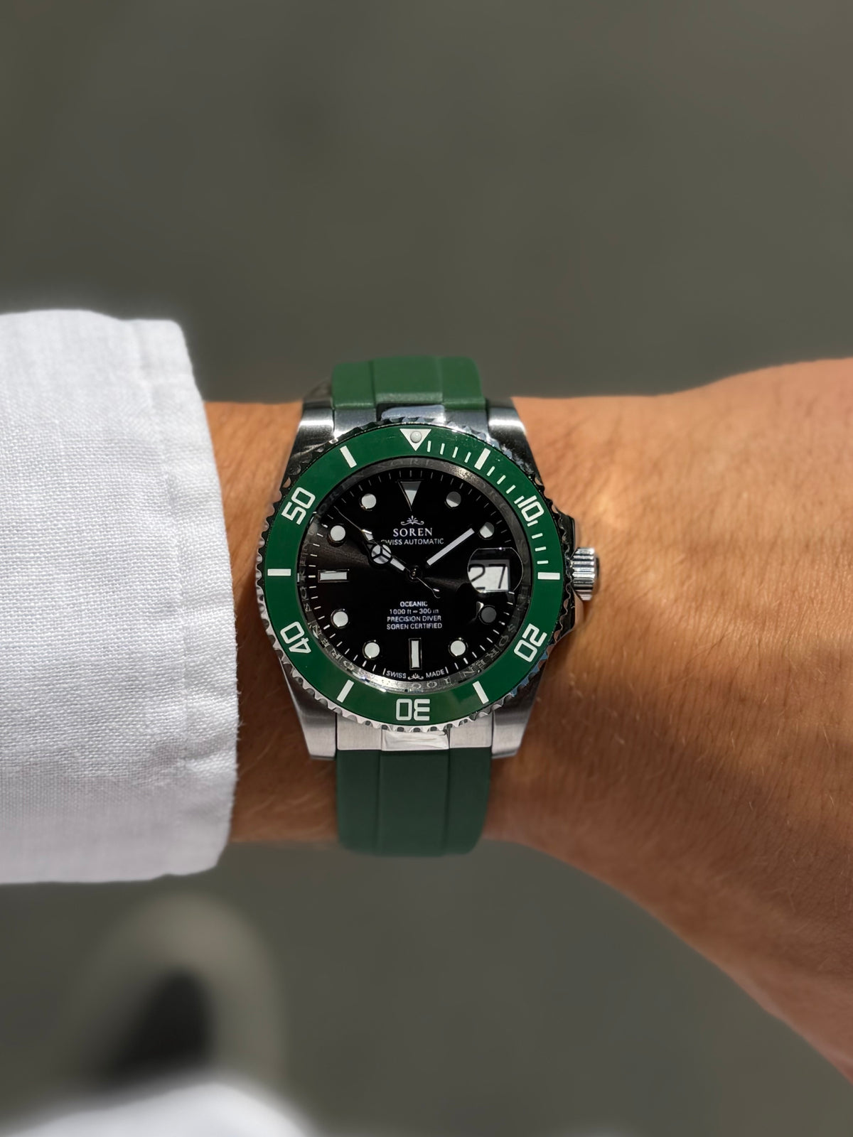 SOREN Oceanic black dial Swiss Made automatic dive watch on green FKM  rubber strap