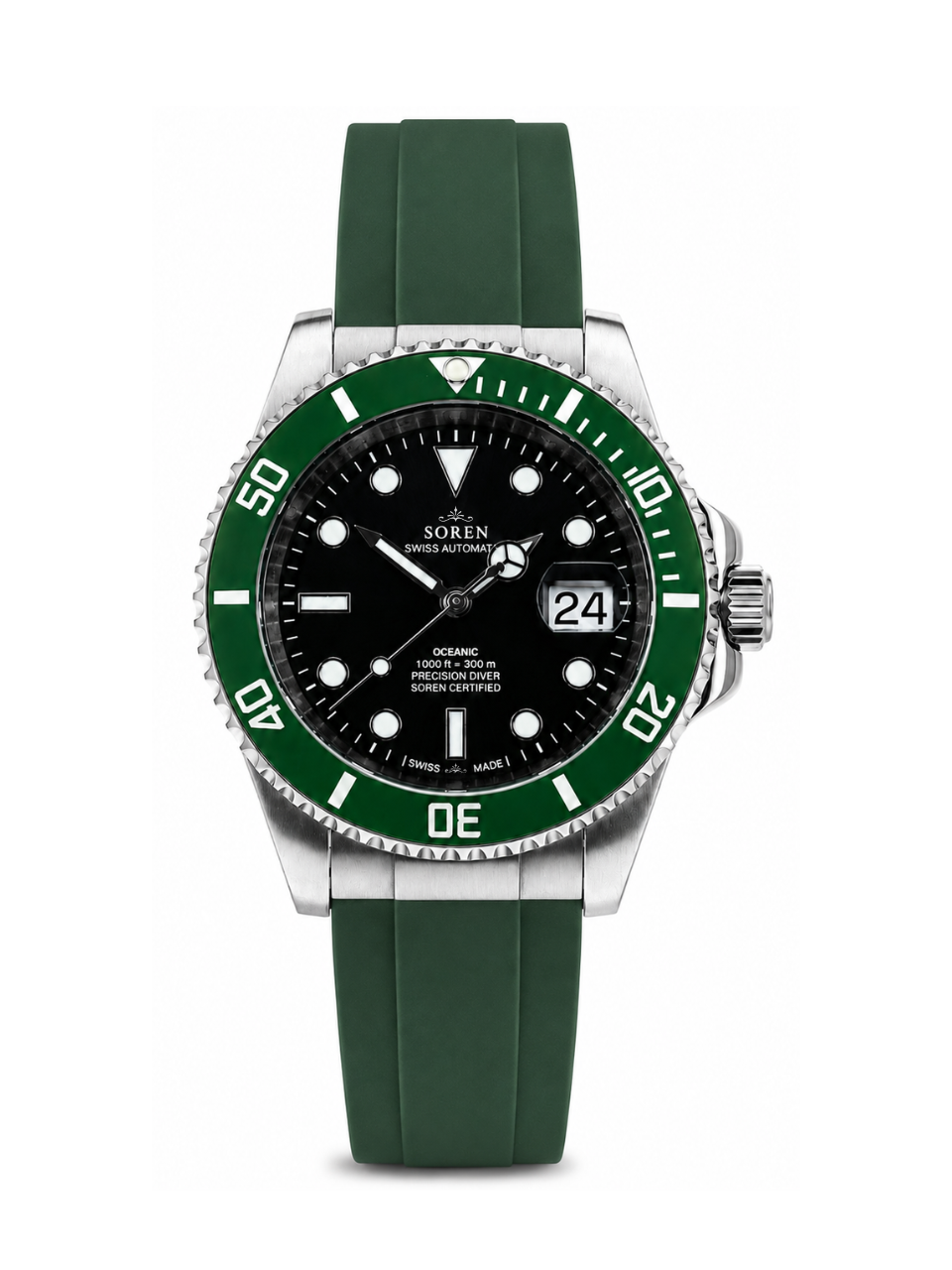 Soren Oceanic Green Swiss Made automatic watch — FKM rubber bracelet, ceramic bezel, 40mm
