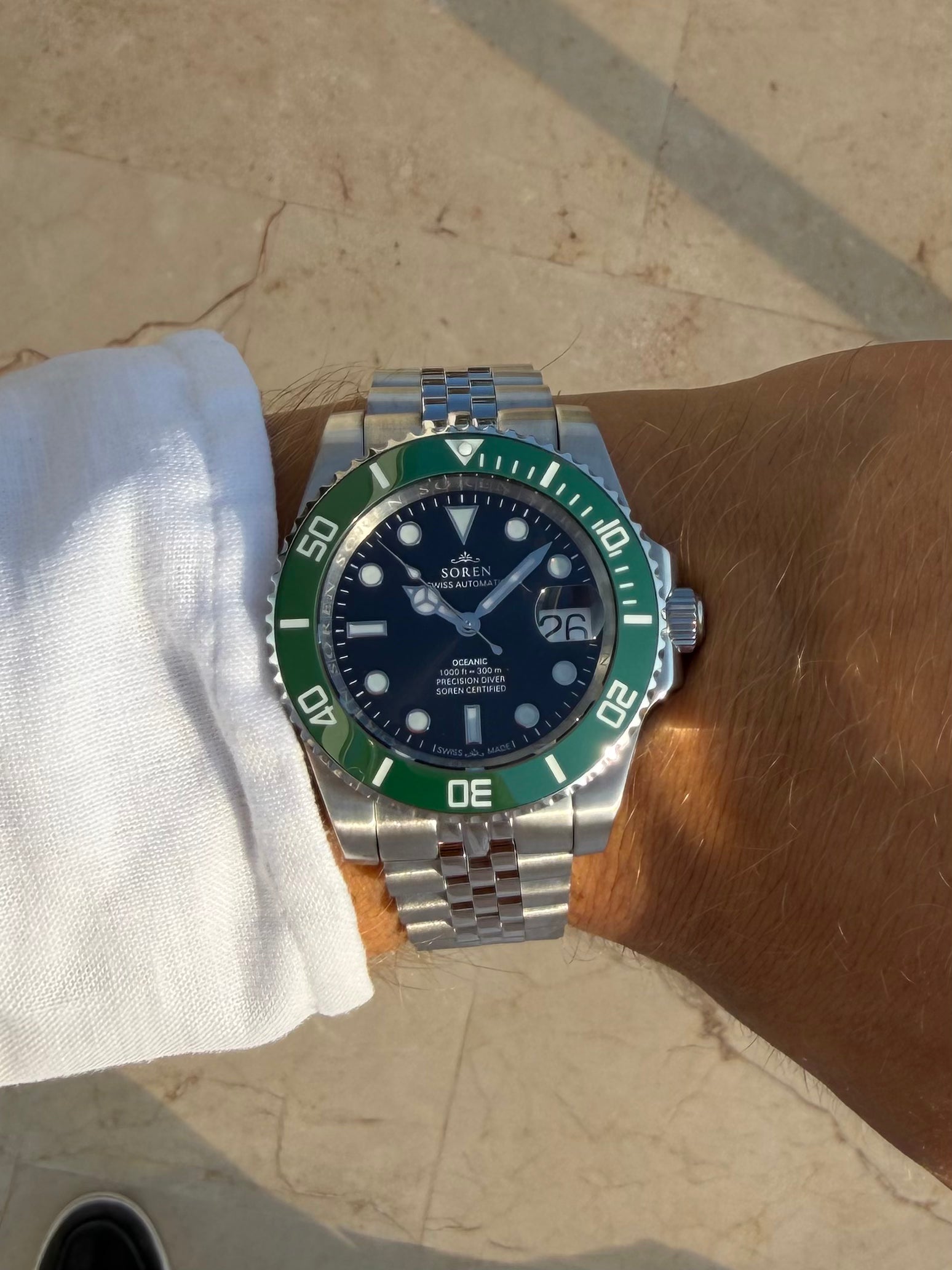 SOREN Oceanic green dial Swiss Made automatic dive watch on Jubilee bracelet