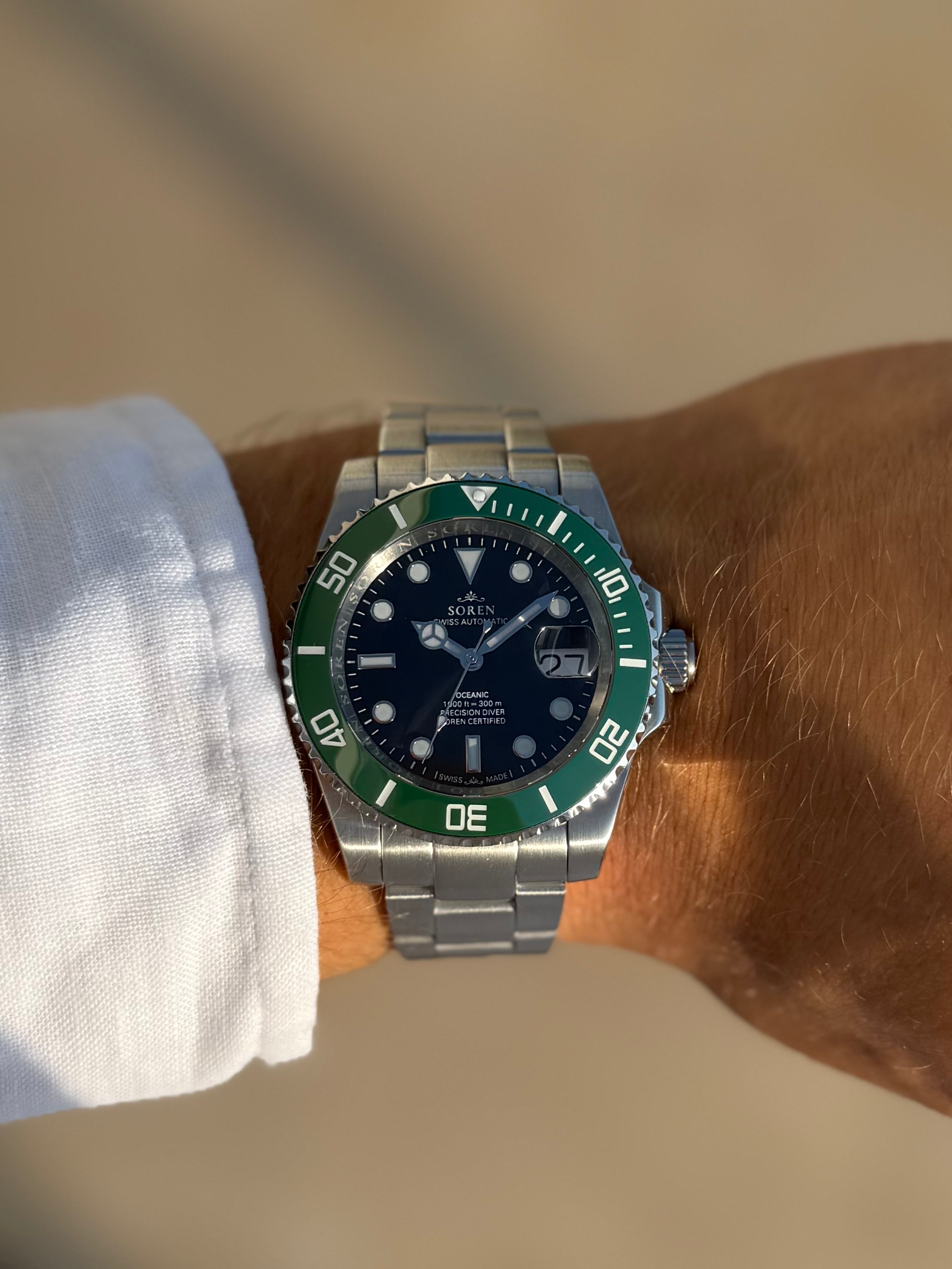 SOREN Oceanic green dial Swiss Made automatic dive watch on Oyster bracelet